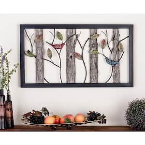 36 in. x  20 in. Metal Black Bird Wall Decor with Tree Branches and Colorful Leaves