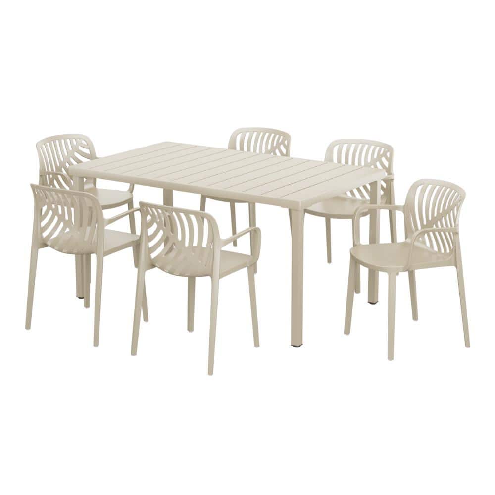 Frond&Form Outdoor Patio Modern 7-Piece Rectangular Steel Table, 6 Stackable HDPE Plastic Chairs Dining Set, Sand price history on PriceWatchPro