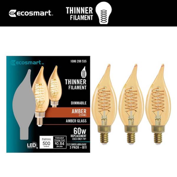 EcoSmart 60-Watt Equivalent BA11 Dimmable E12 Candelabra Fine Bendy Filament LED Vintage Edison Light Bulb Amber (3-Pack)