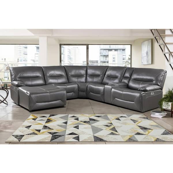EVERGLADE HOME Halliday 119 in. W Flared Arm Faux Leather 6-Piece U-Shaped Power Reclining Sectional with Left Chaise in Gray