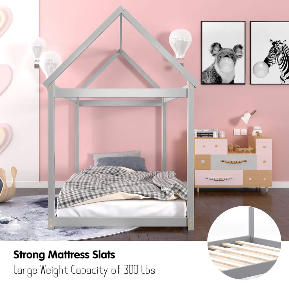 Gray Twin House Bed with Wood Frame and Roof