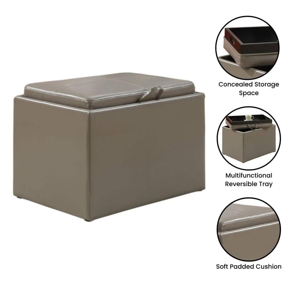 Taupe Gray Faux Leather Storage Ottoman with Reversible Tray