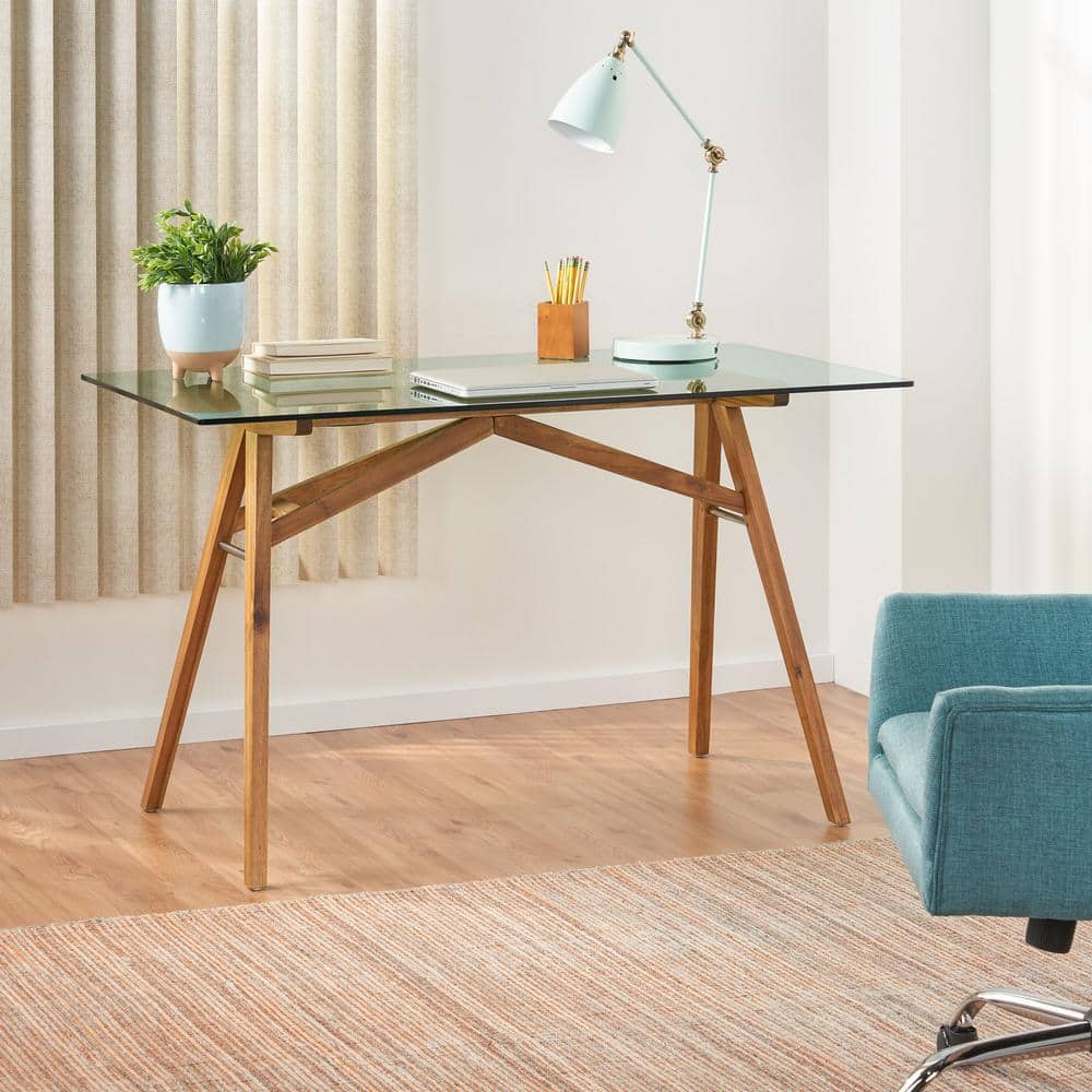 Mid-Century 51'' Gray Acacia Wood Desk with Glass Top