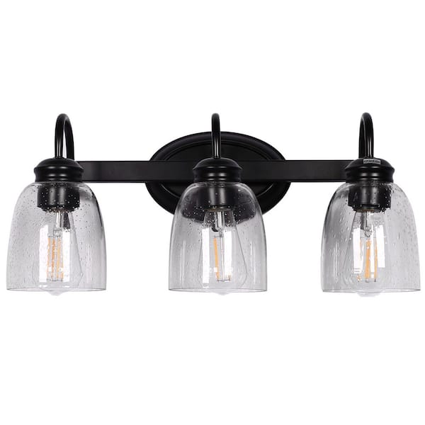 19 in. 3-Light Matte Black Farmhouse Vanity Light with Clear Cone Glass Shade, Dimmable for Bathroom, Vanity, or Mirror