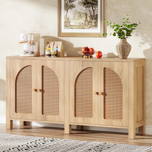 BYBLIGHT Ahlivia Brown Wood 59 in. Sideboard Buffet Cabinet Kitchen Storage Buffet Cabinet with 4-Doors and Shelves