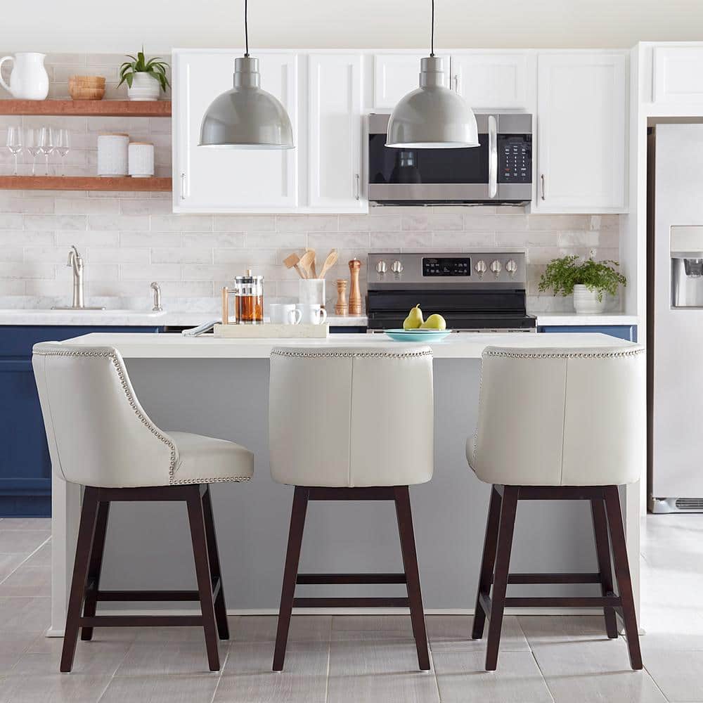 White Faux Leather Swivel Counter Stools with Espresso Wood Frame, Set of 2