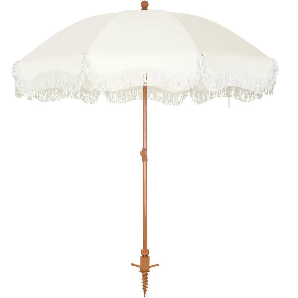 7 ft. Metal Tilt Beach Umbrella in Ivory with Fringe