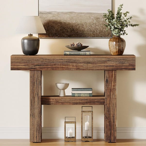 TRIBESIGNS WAY TO ORIGIN Benjamin 41.34 in. Brown Rectangle Wood Behind Sofa Entryway Couch Wall Accent Console Table Home Office 2-Tier Shelves