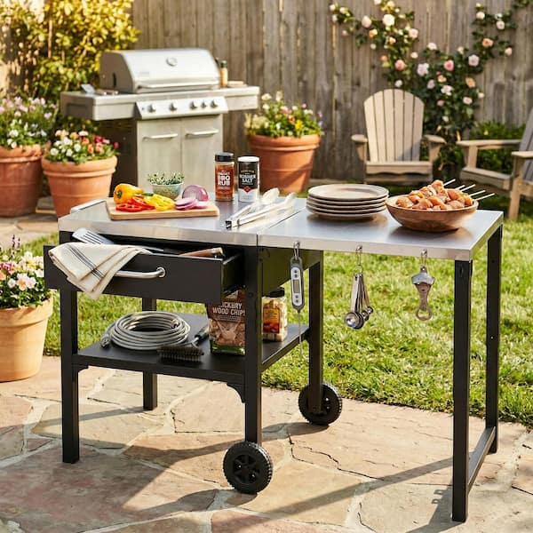 Black Stainless Steel Top Kitchen Cart with Foldable Top and Storage Space for Backyard