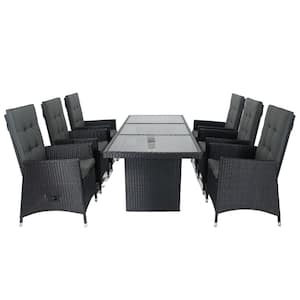 7-Piece Black Wicker Outdoor Dining Set with Cushion and Adjustable Backrest