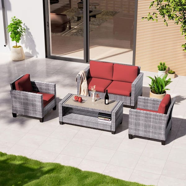 Sonkuki 4-Pieces Patio Conversation Set Loveseat Sofa with Coffee Table All-Weather Gray Wicker with Rust Red Cushions