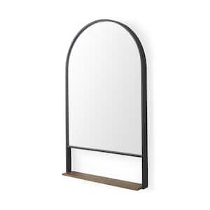 Cora 24 in. W x 40 in. H Black Metal Arched Wall Mirror with Brown Wooden Shelf