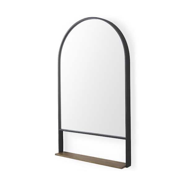 Mercana Cora 24 in. W x 40 in. H Black Metal Arched Wall Mirror with Brown Wooden Shelf