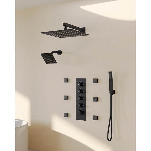 Wall Mount 16 in. and 6 in. 15-Spray Dual Fixed and Handheld Shower Head with Body Jets 2.5 GPM in Matte Black