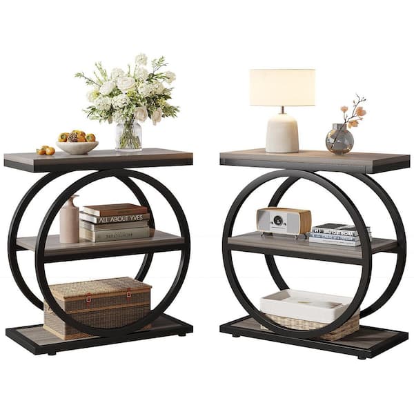 BYBLIGHT Kerlin 23.6 in. Grey Rectangle Wood End Table Set of 2, Narrow End Table with 3-Storage Shelves, Industrial Side Tabl