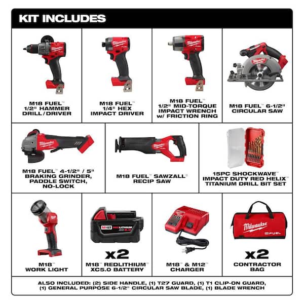 M18 FUEL 18V Brushless Cordless 7-Tool Combo Kit w/ (2) 5. 0Ah Batteries, Charger, 2 Bags with SHOCKWAVE 15-Pc Bit Set