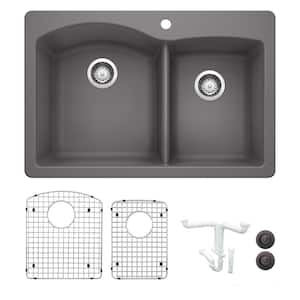 Diamond 33 in. Drop-in/Undermount Double Bowl Cinder Granite Composite Kitchen Sink Kit with Accessories