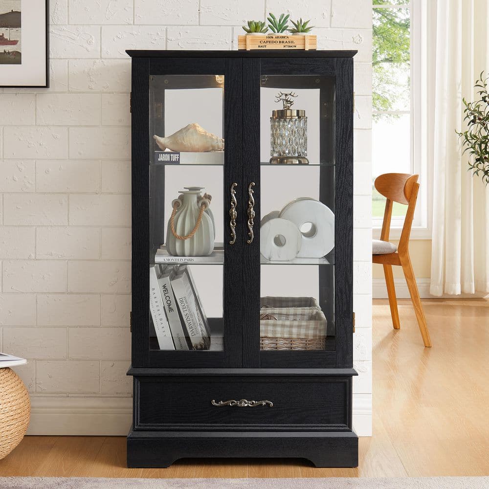 Black 47.44 in. H Lighted Glass Curio Cabinet with Adjustable Shelves and Drawer