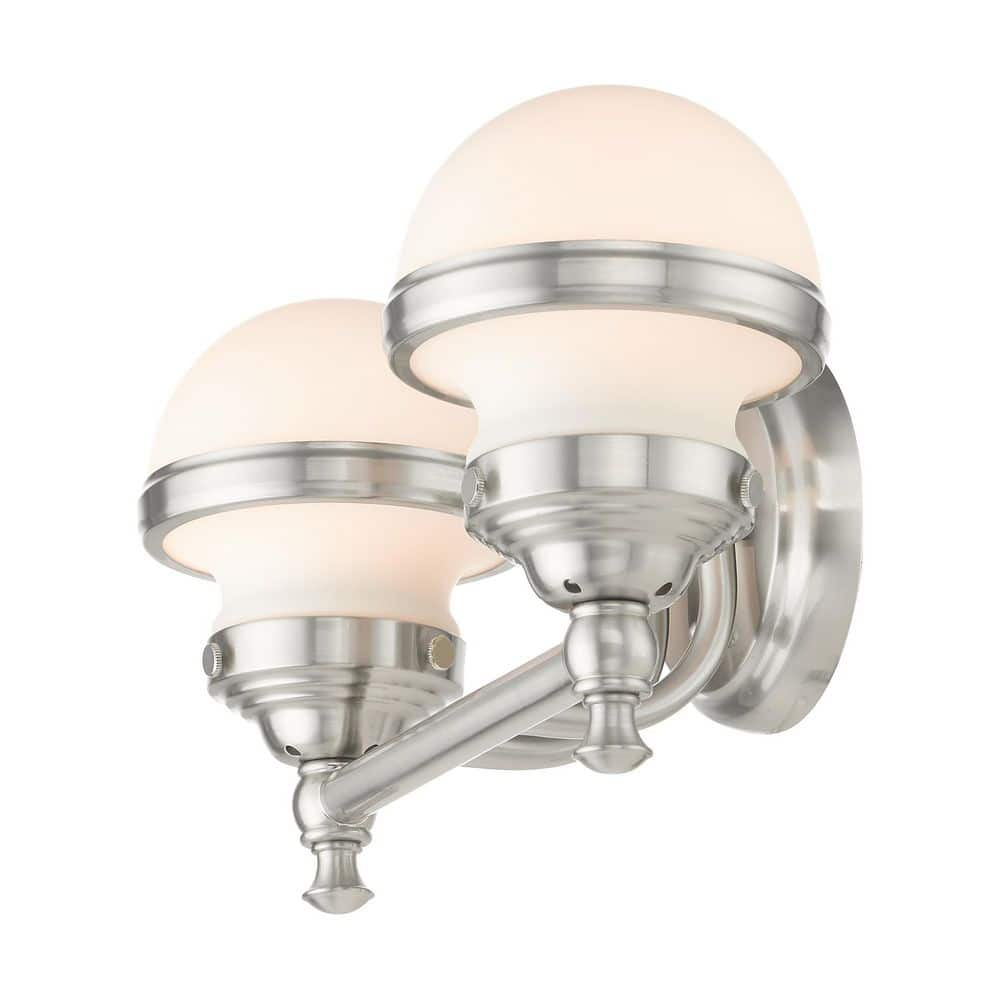 Sleek Industrial Brushed Nickel 2-Light Vanity with Satin Opal White Glass