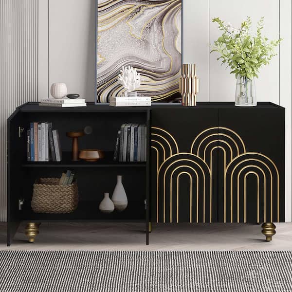 Unbranded Black MDF 59.8 in. Modern Fluted Sideboard Buffet Cabinet with Storage, 4-Doors Storage Cabinet with Adjustable Shelves