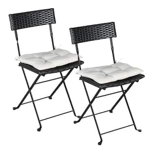 Black Wicker Outdoor Bistro Set Folding Chair with Beige Cushions (2-Piece)