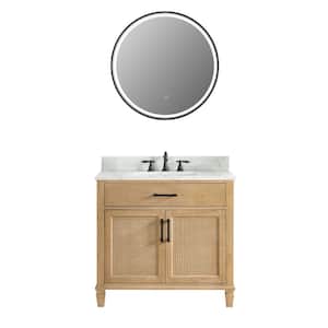 Solana 36 in. W x 22 in. D x 34 in. H Single Sink Bath Vanity in Weathered Fir with White Quartz Top and Mirror