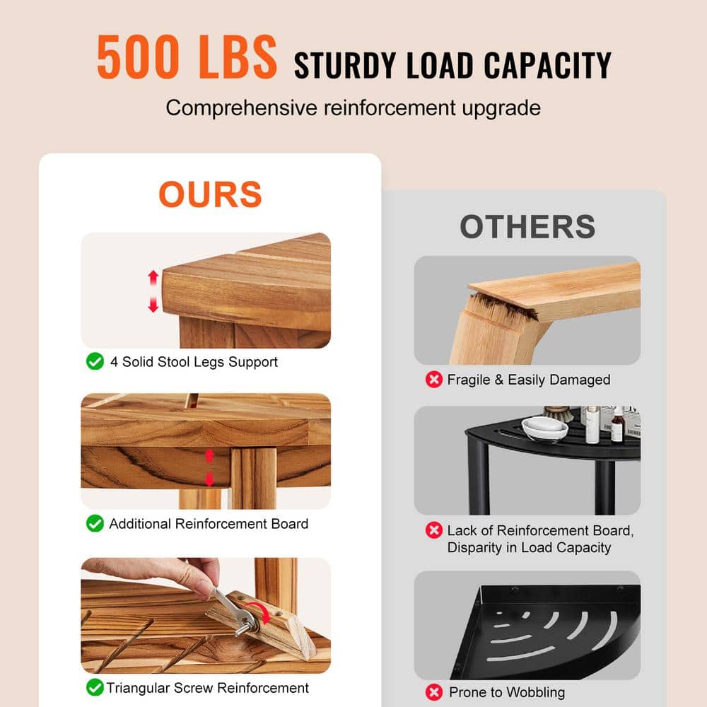 Teak Corner Shower Bench with Adjustable Rubber Feet