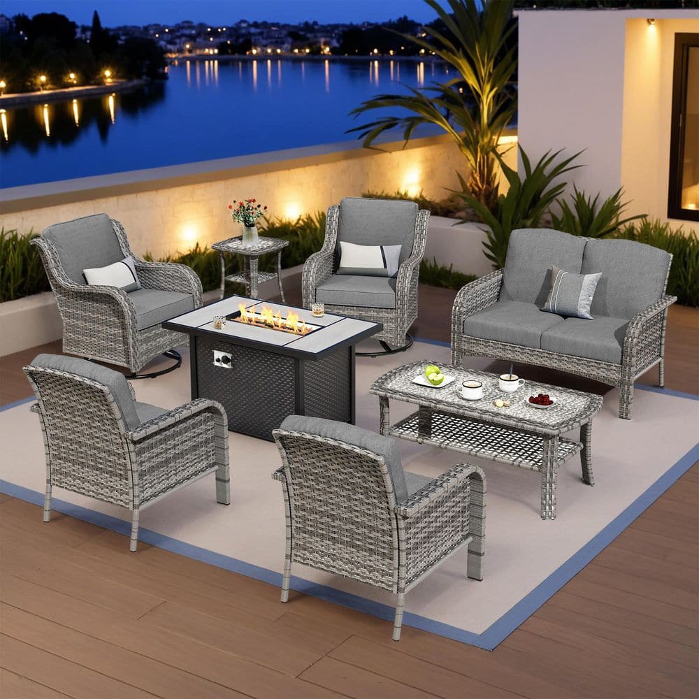 Mejy Gray 8-Piece Wicker Patio Rectangle Fire Pit Conversation Set with Dark Gray Cushions and Swivel Chairs price history on PriceWatchPro