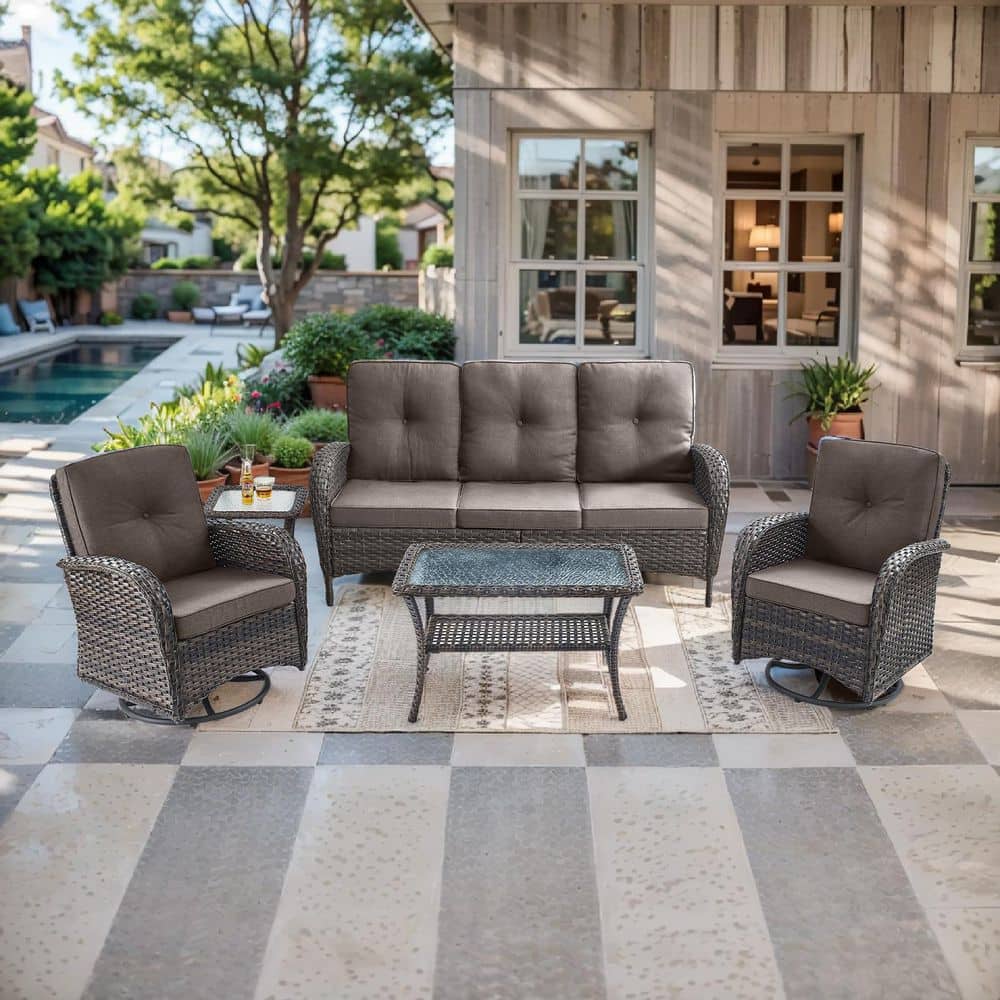 Rotavia Brown 5-Piece Wicker Patio Conversation Set with Swivel Rockers, Outdoor Sofa Seating Set with Gray Cushions price history on PriceWatchPro