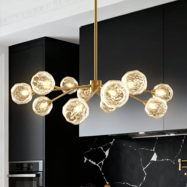 12-Light Modern Brass Sputnik Chandelier with Faceted Crystal Ball Shades for Kitchen Dining Room Living Room