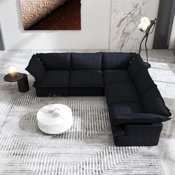 122.8 in. Flared Arm L Shaped linen 7-Seat Deep Seat 5-piece Sectional Sofa Black with Removable Covers for Living Room
