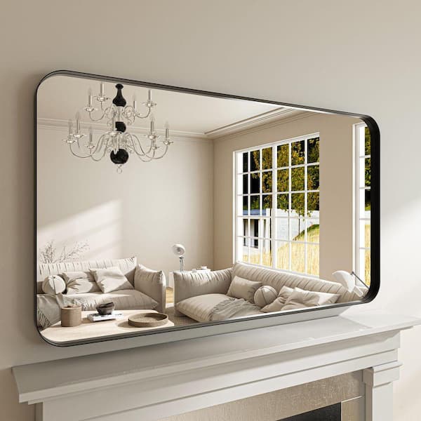 60 in. W x 30 in. H Rectangular Aluminum Framed Modern Black Rounded Wall Mirror