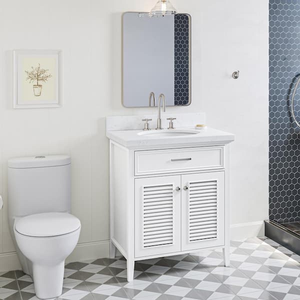 ARIEL Kensington 30 in. W x 22 in. D x 36 in. H Single Oval Sink Bath Vanity in White with Carrara White Quartz Top