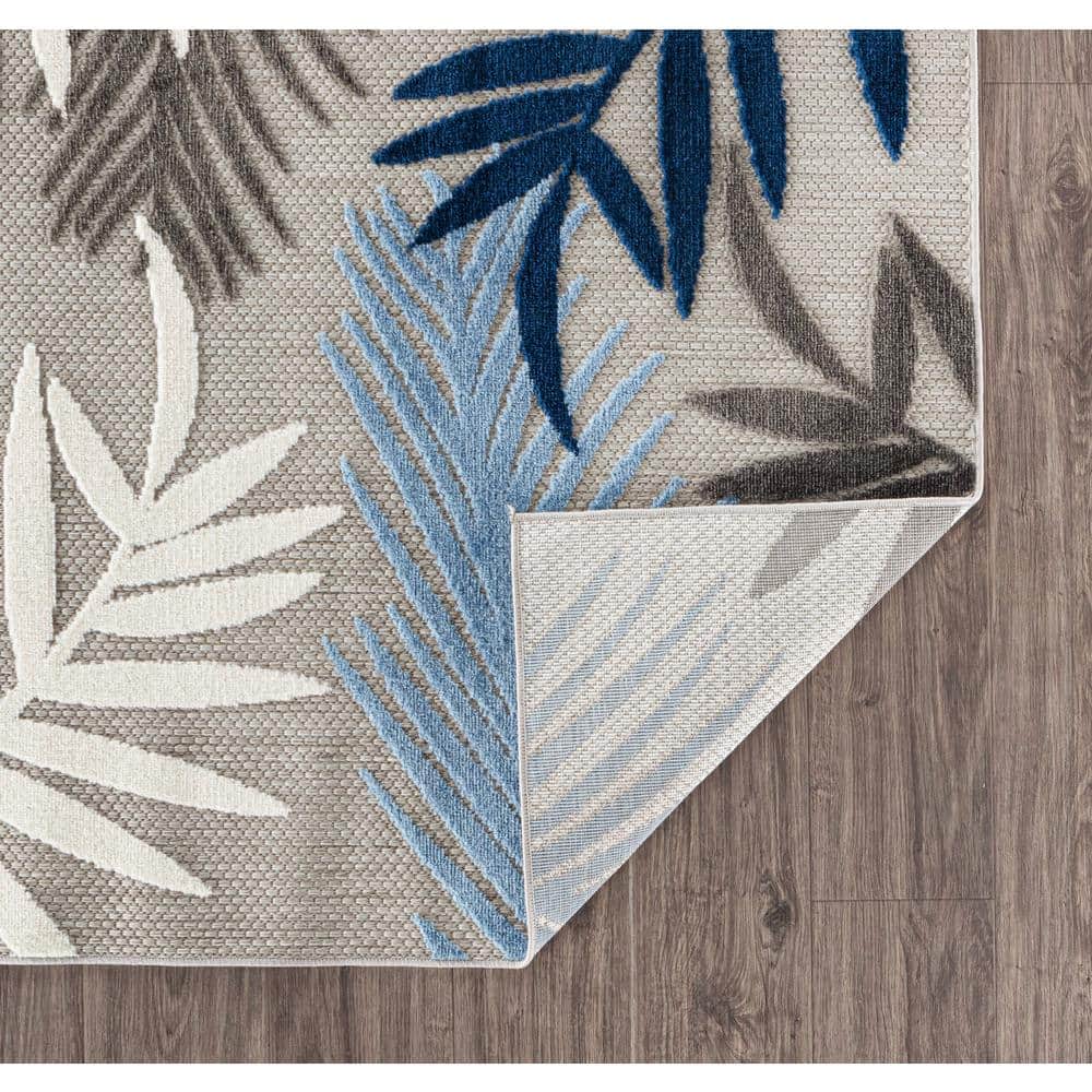 Evora Blue and Gray Palm Frond Indoor/Outdoor Area Rug