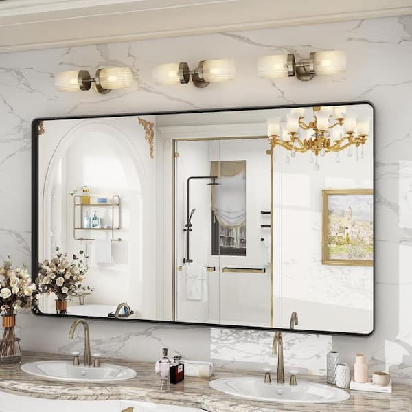 60 in. W x 36 in. H Rectangular Framed French Cleat Wall Mounted Tempered Glass Bathroom Vanity Mirror in Matte Black