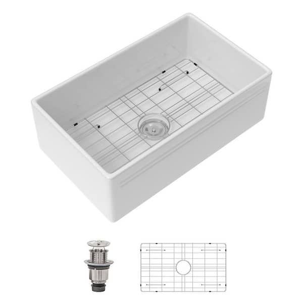 30 in. Farmhouse Apron Front Single Bowl Round Corner Ceramic Kitchen Sink with Sink Grid and Basket Strainer