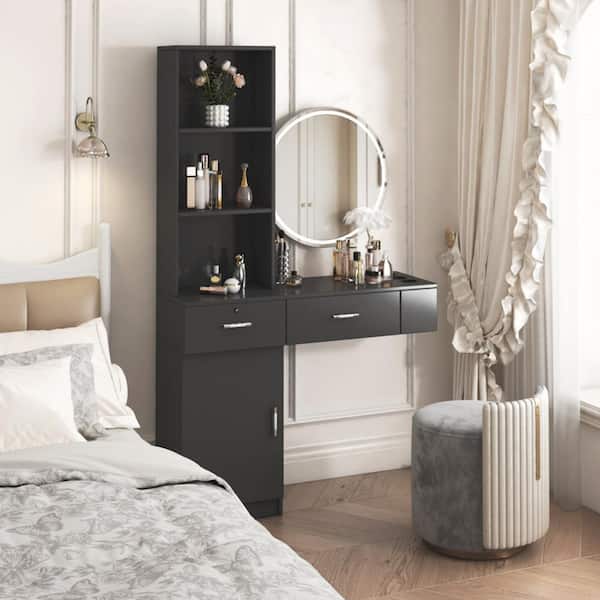 Black Wall Mounted Salon Station with Lockable Drawer, Tool Organizer and Storage Cabinet