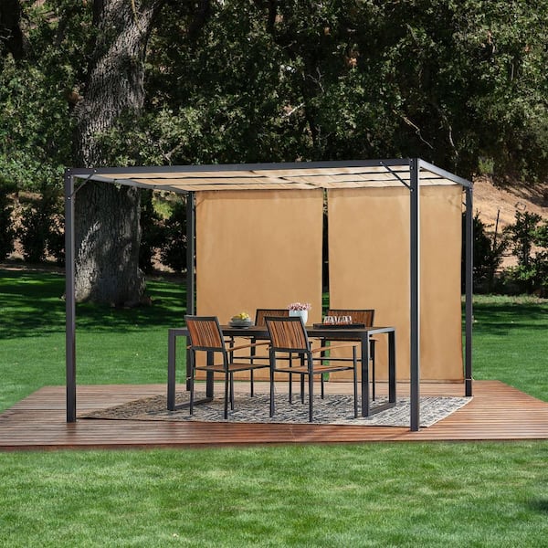 Unbranded 9.5 ft. x 9.5 ft. Outdoor Patio Waterproof Solid Frame Gazebo with Retractable Canopy Side Metal Brackets, Light Brown