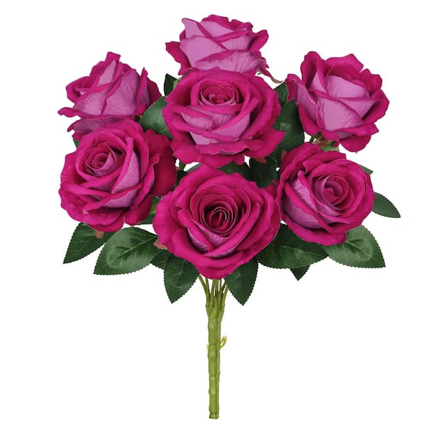 16 in. Hot Pink Artificial Velvet Rose Flower Stem Bush Bouquet (Set of 2)
