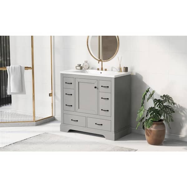 36 in. W x 18 in. D x 34.2 in. H Grey Bathroom Vanity with Single Sink and White Ceramic Top 6-Drawers Adjustable Shelf