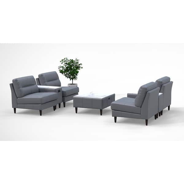 Leather Cushioned High-Back Ergonomic Lobby Armless Chairs in Gray with Integrated Charging Table for 4 persons