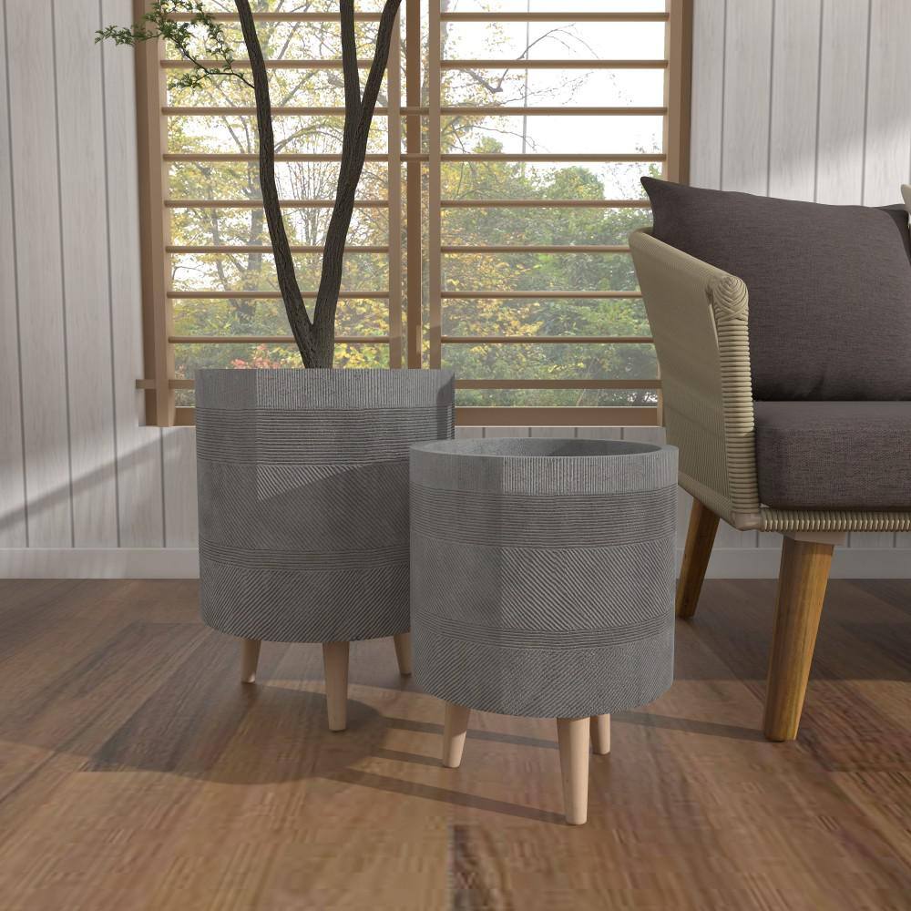 Gray Ceramic Indoor Outdoor Planter Set with Wood Legs