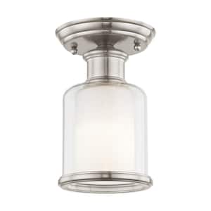 Bellington 5.5 in. 1-Light Brushed Nickel Semi Flush Mount with Clear Outer Glass and Satin Opal Inner Glass