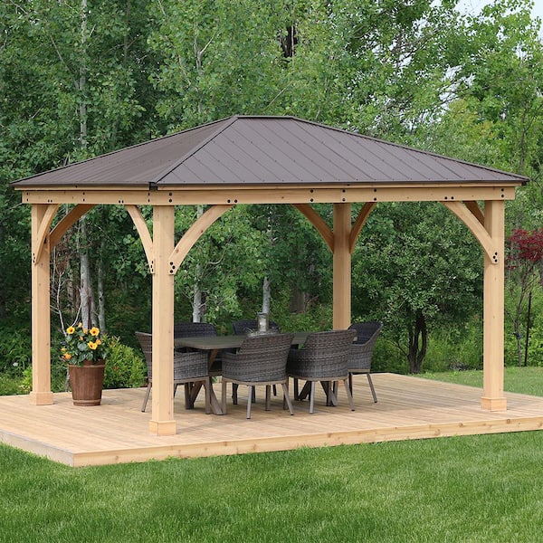 Yardistry Meridian 12 ft. x 14 ft. Premium Cedar Outdoor Patio Shade Gazebo with Architectural Posts and Brown Aluminum Roof