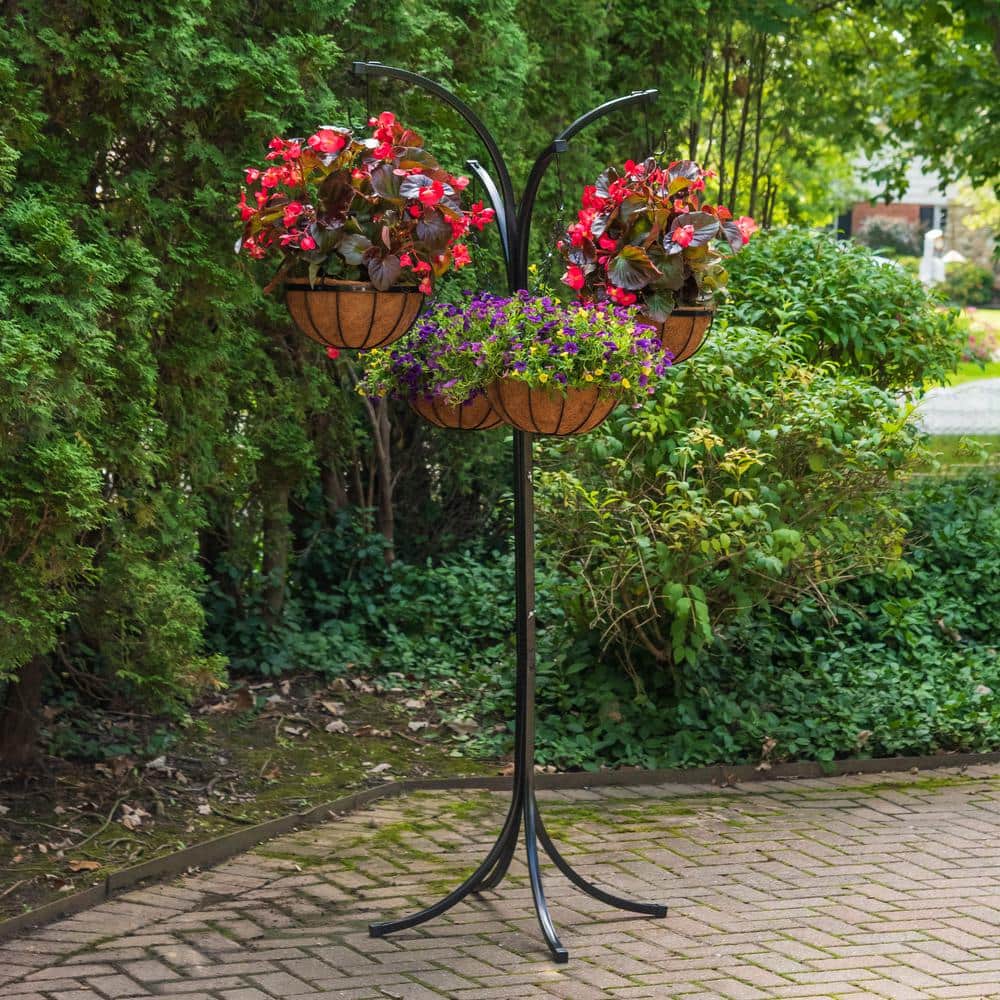 Black Metal 4-Arm Tree with Hanging Baskets