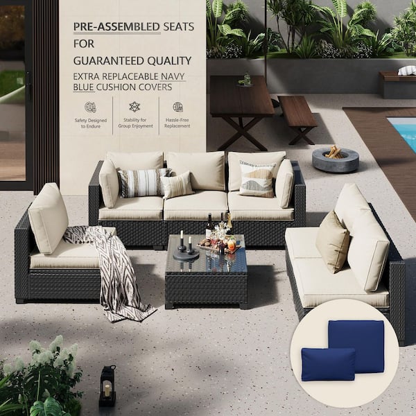 7-Piece Wicker Rattan Outdoor Patio Conversation Seating Set w/ Coffee Tables, Beige and Blue Cushion (6-Seats)