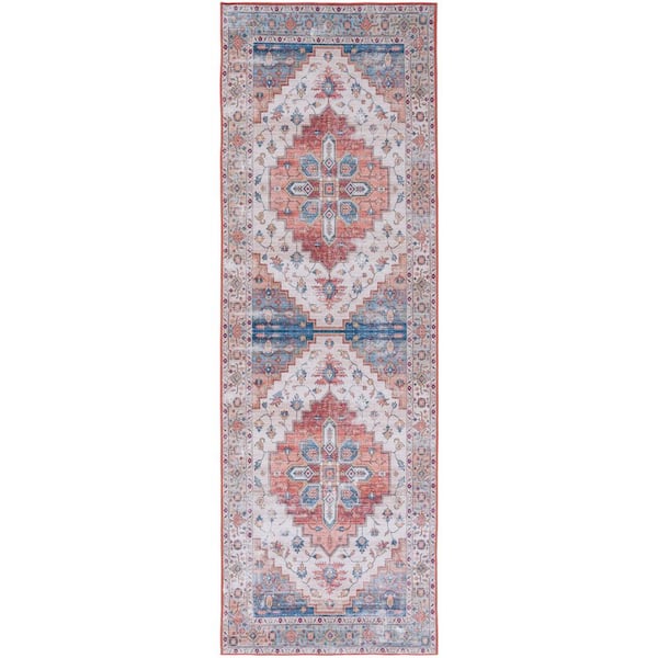 SAFAVIEH Tuscon Beige/Blue 3 ft. x 10 ft. Machine Washable Distressed Medallion Runner Rug