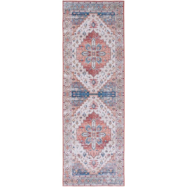 SAFAVIEH Tuscon Beige/Blue 3 ft. x 12 ft. Machine Washable Distressed Medallion Runner Rug