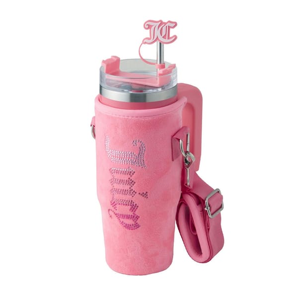 Jetsetter 30 oz. Hot Pink Stainless Steel Tumbler with Handle and Straw With Topper and Velour Cooler Sleeve