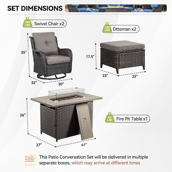 Arcline 5-Piece Brown Wicker Fire Pit Conversation Set with Olefin Gray Cushions and Swivel Gliders and Ottoman